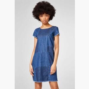 Esprit Shift Dress Women’s Size S Boho Hippie Blue Jean Patchwork Denim Raw Hems
